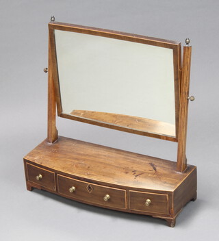 A Georgian rectangular mahogany plate dressing table mirror contained in a mahogany swing frame, the bow front base fitted 1 long and 2 short drawers, raised on bracket feet 54cm h x 51cm w x 20cm d 