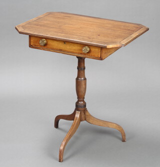 A Regency lozenge shaped crossbanded and inlaid mahogany occasional table, fitted a frieze drawer, raised on a pillar and tripod base 72cm h x 64cm w x 48cm d 