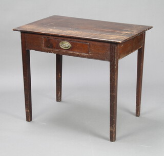 An 18th Century oak side table with frieze drawer, the top formed of 3 planks, raised on square tapered supports 73cm h x 86cm w x 55cm d 