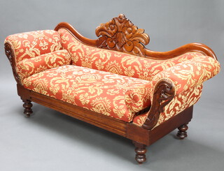 A William IV carved mahogany show frame sofa (that converts to a bed), the raised carved back with floral decoration, having pierced arms and raised on bun feet, complete with 2 matching bolsters (recently re-upholstered in gold and orange sculpted material) 100cm h x 197cm w  x 61cm d (inside seat 61cm d x 144cm w excluding bolsters)