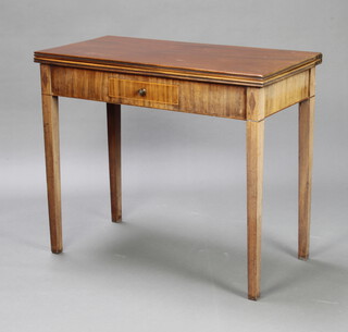 A Georgian rectangular mahogany tea table fitted a frieze drawer, raised on square supports 76cm h x 91cm w x 45cm d 