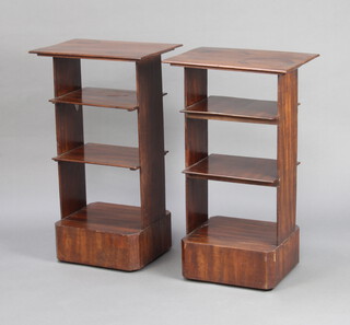 A pair of Victorian rectangular mahogany 3 tier what-not stands, raised on shaped bases 77cm h x  44cm w x 33cm d  