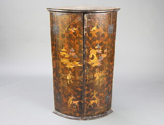 An 18th Century bow front hanging corner cabinet with shelved interior enclosed by lacquered panelled doors with chinoiserie scenes of a bridge, temple and deer 92cm h x 38cm w x 38cm d