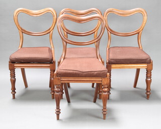 A harlequin set of 4 Victorian bleached mahogany spoon back dining chairs with shaped mid rails and upholstered seats, 3 with turned legs, 1 with fluted legs 