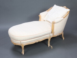 A Victorian style limed oak finished show frame daybed with raised back, on 6 cabriole supports 76cm h x 140cm l x 60cm w, inside seat measurement 39cm w x 124cm l  
