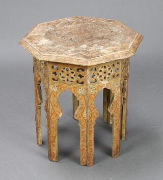 A 1920's octagonal Moorish painted occasional table raised on a folding stand 51cm h x 50cm w x 50cm d 