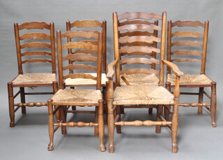 A harlequin set of 6 18th/19th Century elm Lancashire ladderback dining chairs with woven rush seats (1 carver, 2 and 3 standard chairs) 