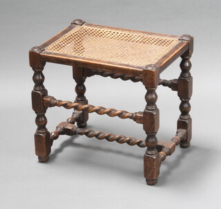 An 18th Century style beech framed stool with woven cane seat with turned and block supports and spiral turned stretcher 46cm h x 51cm w x 38cm d 