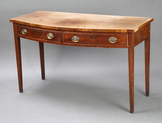 A 19th Century mahogany bow front serving table fitted 2 frieze drawers and raised on square supports 92cm h x 138cm w x 65cm d 