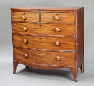 A 19th Century mahogany bow front chest of 2 short and 3 long drawers with tore handles, raised on splayed bracket feet 106cm h x 105cm w x 53cm d 