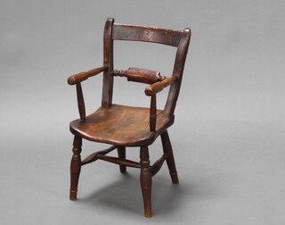 A child's 19th Century elm bar back Windsor chair with shaped mid rail, raised on turned supports with H framed stretcher 56cm h x 30cm w x 27cm d (inside seat 29cm x 23cm) 
