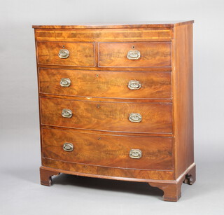 A Georgian mahogany bow front chest of 2 short and 3 long drawers with replacement brass plate drop handles, raised on bracket feet 119cm h x 106cm w x 51cm d  