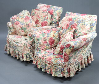 Two Howard style armchairs with floral loose covers 81cm h x 82cm w x 74cm d, (inside seat measurement 40cm w x 67cm)