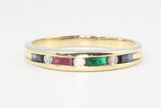 A 14ct yellow gold diamond, ruby, emerald and sapphire ring, size T, 4 grams