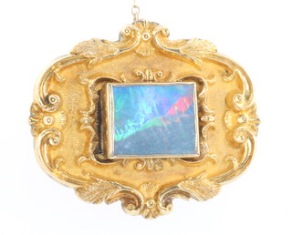 A Victorian high carat black opal set brooch engraved 1887, 4cm, gross weight 9.7 grams (Not gold)