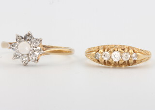 An 18ct yellow gold 5 stone diamond ring size H 1/2, 2.9 grams and a 9ct yellow gold gem ring size P, 1.5 grams