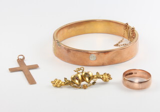 A 9ct yellow gold bangle, a ring and pendant 16.8 grams together with a 15ct gold bar brooch 1.5 grams 