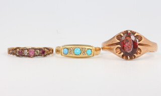 A gentleman's 9ct yellow gold garnet ring size T 1/2, 3.9 grams, 2 Victorian gold rings size K, 3 grams 