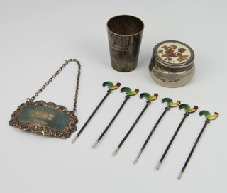A set of 6 sterling silver enamelled cockerel cocktail sticks and minor items, 36 grams weighable silver 
