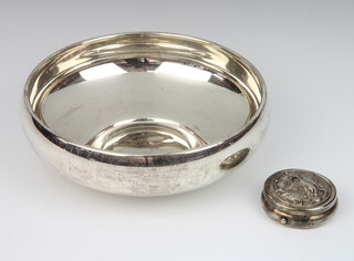 A Sterling silver shallow bowl with presentation inscription 176 grams, 17cm together with a repousse silver pill box