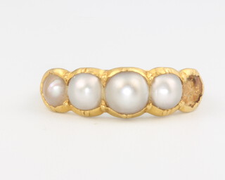 A 19th Century 18ct yellow gold cultured pearl ring (lacking 1 pearl), size O 4.3 grams 
