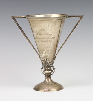An Art Deco silver 2 handled tapered trophy with presentation inscription, London 1928, 444 grams, 20cm 