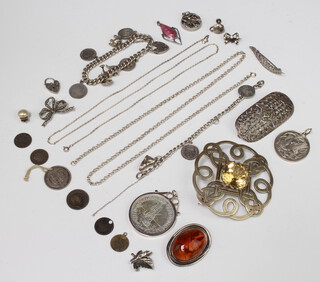 A silver marcasite brooch and a quantity of silver jewellery and coins