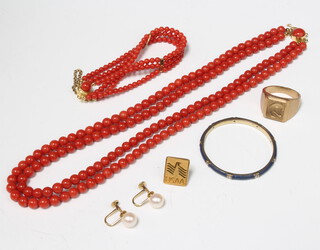 A coral 2 strand necklace with a gold clasp 44cm, ditto bracelet and minor jewellery