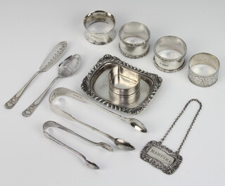 An Edwardian silver napkin ring Birmingham 1901, 3 others and minor cutlery, weighable silver 176 grams 