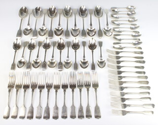 A matched set of Victorian silver fiddle pattern cutlery comprising 12 table spoons, 12 dessert spoons, 12 tea spoons, 12 dessert forks, 12 dinner forks, mixed dates London 1843, 46, 66 and later, 3030 grams