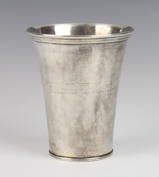 A Continental silver flared neck beaker with simple band of engraving 166 grams, 13cm 