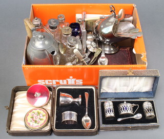 A silver helmet shaped sugar scuttle and minor plated wares