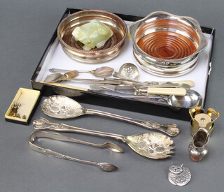 A silver plated coaster and minor plated cutlery, costume dress studs etc 