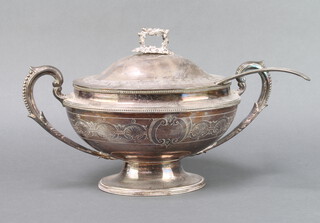 An Adam style plated 2 handled tureen and cover with ladle 