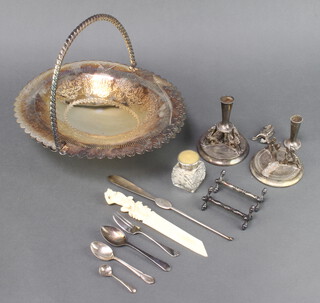 An Edwardian silver plated swing handled basket 30cm, a silver topped scent bottle and minor plated wares