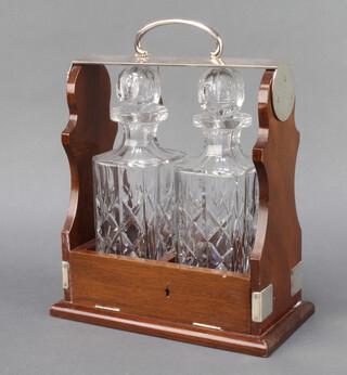 A modern plated mounted mahogany 2 bottle tantalus with key 