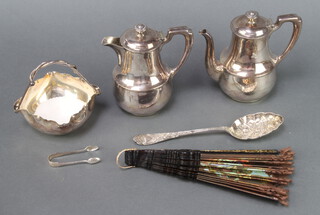 A silver plated berry spoon, coffee pot and minor plated wares 