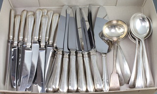 12 silver handled dessert knives, 12 matching dinner knives and minor plated cutlery 