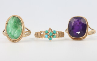 A 9ct yellow gold amethyst ring size P, a 9ct yellow gold jade ring size N and a 9ct yellow gold turquoise ring size N 
