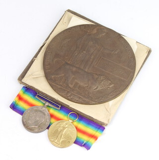 A First World War pair of medals to 38059 Pte.J.Swift York.R together with a death plaque and envelope 