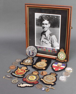 A Royal Air Force cloth badge and minor cloth badges together with medallions and coins and a framed photograph of Leonard Cheshire VC. with medal ribbons