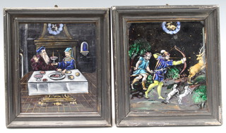 A pair of 19th Century Continental enamel panels on copper showing a deer hunting scene and interior scene with figures a laid dining table, framed 17cm x 14cm 