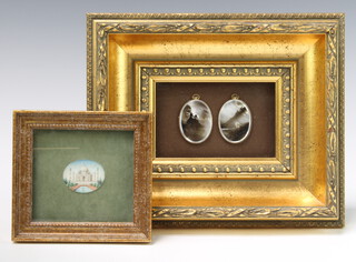 A 19th Century painted ivory miniature of the Taj Mahal, oval, 3cm x 3.5cm together with a modern pair of painted mother pearl plaques with landscape views, framed as pair, 4cm x 3cm 