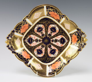 A Royal Crown Derby Imari pattern diamond shaped dish with pierced handles 29cm 