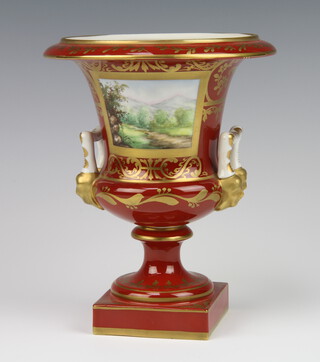 A modern Dresden porcelain urn with twin handles decorated with a landscape panel, raised on square base 19cm  