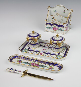 A modern Dresden desk set comprising 2 section paper holder decorated with flowers 14cm, a ditto 2 bottle ink stand 20cm, a pen tray 23cm and a paper knife 19cm 