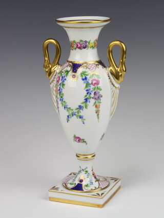 A 20th Century Dresden porcelain 2 handled vase decorated with flowers on a square base 28cm