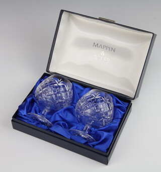 A pair of Mappin & Webb cut glass brandy glasses 12cm, boxed