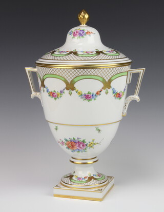 A 20th Century Dresden porcelain 2 handled vase and cover decorated with floral swags 39cm 