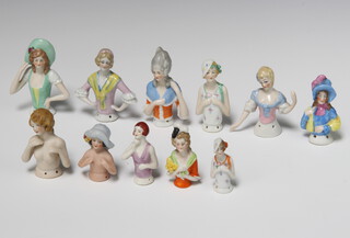 Two topless pin doll figures 6.5cm and 5cm, 9 others 